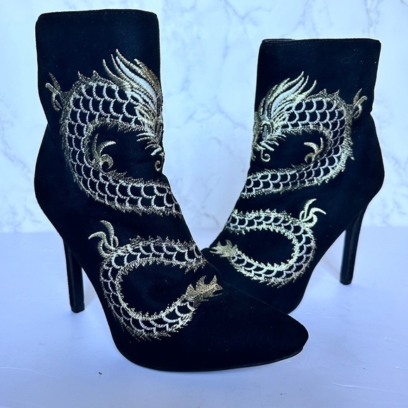 Italina Shoes - Dragon Embroidered Black Suede Stiletto Heel Ankle Boots Sexy Party